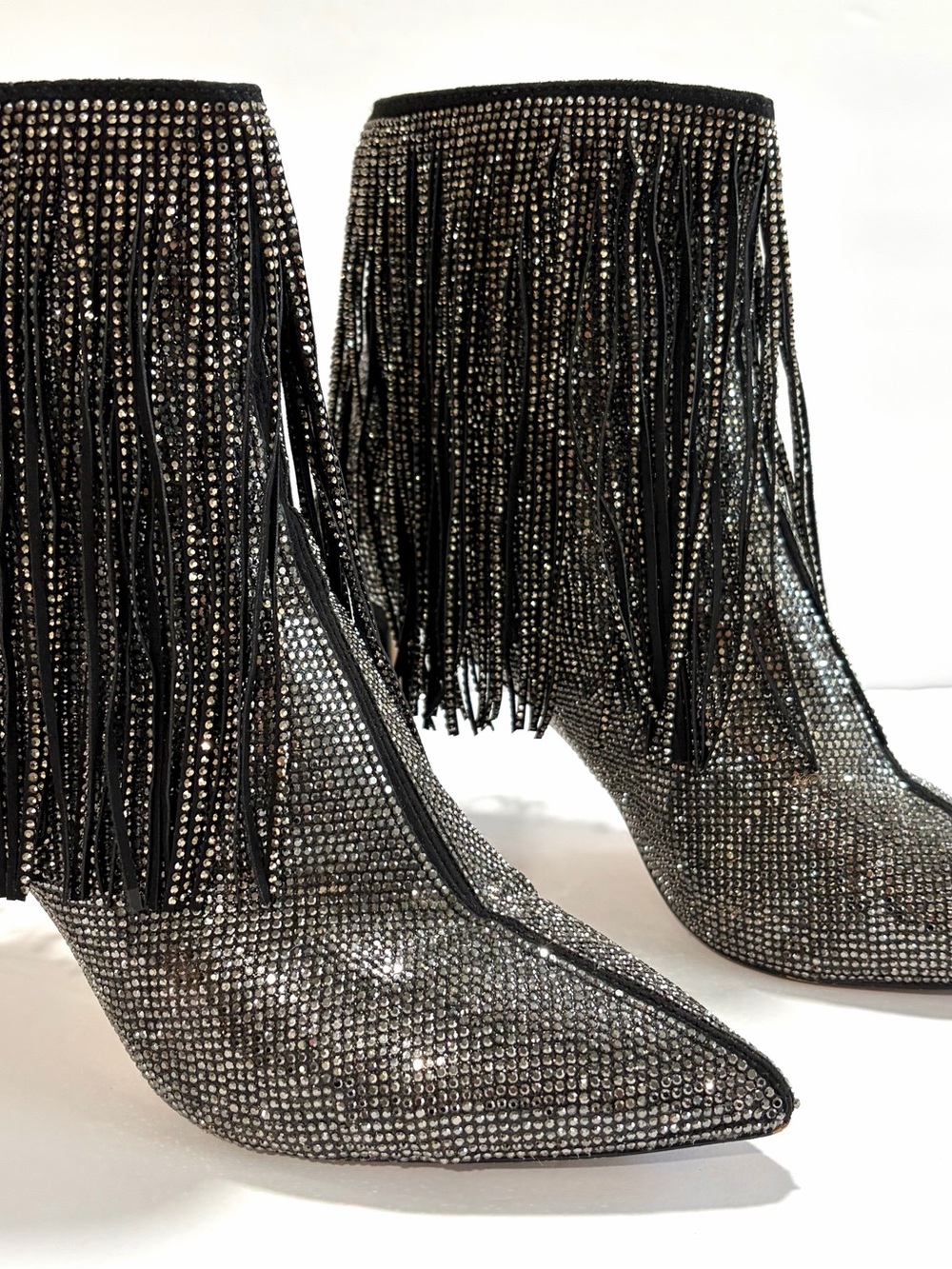 NWT INC Silver Rhinestone Fringe Stiletto Sparkly High Heel Ankle Boots Booties